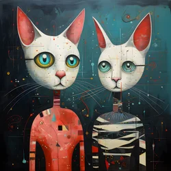 Two Anthropomorphic Cats, Tomcat and Cat, Kubrickian Synthetic 3