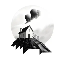 Illustration of a House with Solar Panels and Arrow Pointing Upwards