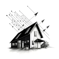 Illustration of a House with Solar Panels and Arrow Pointing Upwards