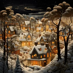 A Village at Night Under Snowy Trees 1