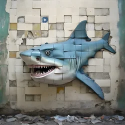 A Blue Shark with a Painted Face on an Old Wall 3