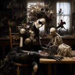 A Large Doll on a Table with a Skeleton on It 1
