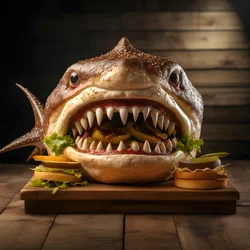 Large Shark Head Cheeseburger with Beef on Wooden Board 2