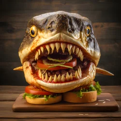 Large Shark Head Cheeseburger with Beef on Wooden Board 4