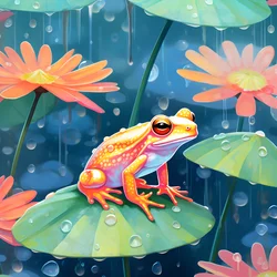 Seamless pattern of a painting of pretty orange and yellow cartoon frogs sitting on lily foliage on the water in watercolor rain 1