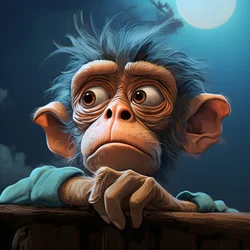Drawing of a Joey Monkey with an Eye in the Style of Emotive Surreal Character Studies, Colorized, Pensive Poses, Topcor 58mm f/1.4, Caricature-Like Illustrations, #vfxfriday, Solarizing Master 3
