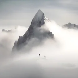 Two People Skiing Over a Cloudy Mountain 3