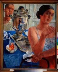 Around the Samovar. (Scene of Daily Life, a Couple Having Tea). Painting by Kuzma Sergeyevich Petrov Vodkin