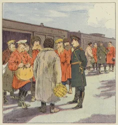 Halt of a train transporting reservists in Manchuria