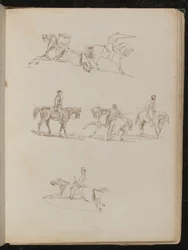Six Studies of Horses with Various Male Riders in Various Poses, One with Raised Pistol (pen and ink)