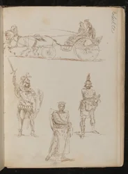Study of a Horse Drawn Carriage with Three Occupants, Three Studies of Greco-Roman Warriors with Weapons and Shields (pen and ink)