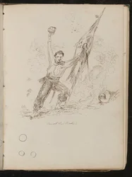 Study of Man Holding Flag and His Hat Aloft, Inscribed 