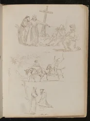 Four Figures Next to Wooden Cross, Study of Two Youths with Sticks on Donkeys, Study of Two Monks, One Kneeling Before Wooden Cross