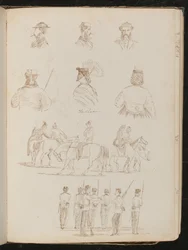 Four Studies of Male Busts, Two of a Woman with Parasol, Study of Group of Men and Woman on Horseback, Study of Group of Soldiers