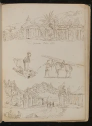 Study of a "Genoese Villa", a Man with a Pipe, a Packhorse, a Landscaped Archway with Figures
