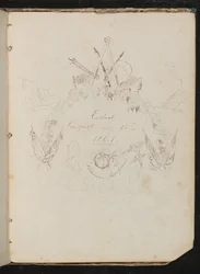 Study of Artists Materials, Butterfly, Flowers, Flags, Cliff Face and Garland in Coat of Arms Formation Around Inscription "Ended August 12th 1861"
