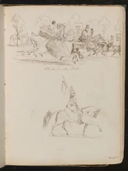 Study of Men and Women on Horseback in a Park, Possibly a Hunt, a Study of a Soldier in Full Dress Uniform on Horseback with a Flag