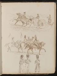 Study of two women and a man riding in hilly landscape, study of soldiers on horseback, study of three guardsmen in conversation