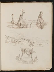 Three studies of rocky islands, a watery landscape with people and boats, and palm trees