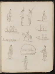 Twelve Studies Showing Woman Riding Side-Saddle, Soldiers in Conversation, Ships, Bugler on Horse