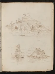 Two Studies of Rocky Island, Study of Boat, Dated "June 30"