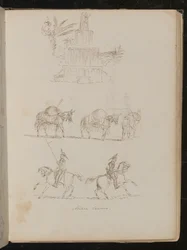 Water fountain in foliage, study of three joined packhorses, study of two soldiers on horseback inscribed 