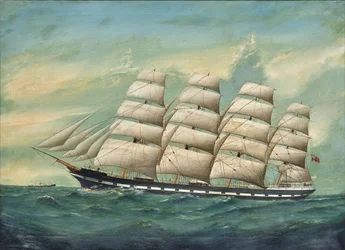 The four-masted ship Romsdal powering through the waves