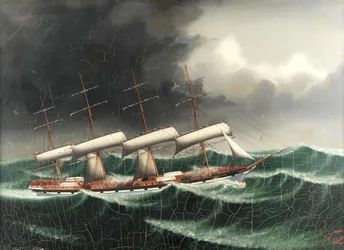 The four masted merchant ship County of Linlithgow in stormy seas