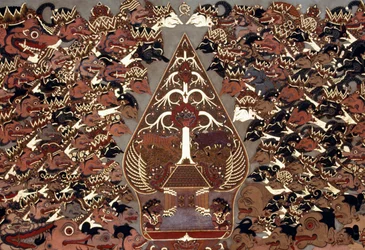 Painting in Wayang Beber style inspired by Theatre of Shadows, Mangkunegaran Palace, Surakarta, Java, Indonesia