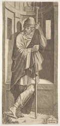 St. James Major leaning on a pole before a niche, his left leg crossed over his right, 1545