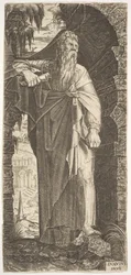St. Paul standing under an overgrown arch, his left foot poised upon a rock, his right hand raised, 1545
