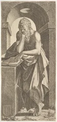 St. Simon standing before an open book with the fingers of his left hand pressed onto the, 1545