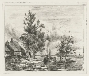 River Landscape with Sailboat and Farm