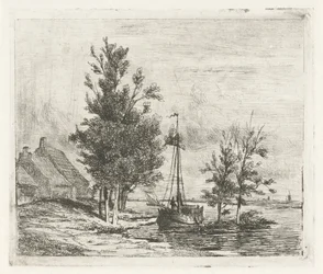 River Landscape with Sailboat and Farm