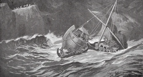 The timber ship was caught in a storm and the monks went to its aid in small boats