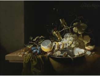 Still Life of Hazelnuts, Grapes, Oysters and Other Foods on a Draped Table