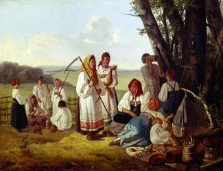 Rest at The Harvest Time. A Group of Peasants in Traditional Costume Eating and Drinking with Their Children in the Shade of Trees