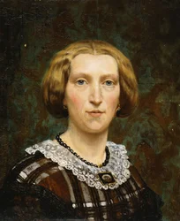 Portrait of Sientje Tadema, small bust length, in brown and white dress and black shawl, 1860