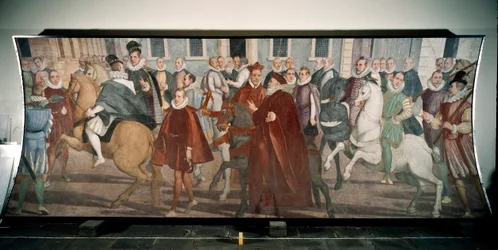 Doge Giacomo Durazzo Grimaldi guiding Cardinal Francesco Pacheco on the streets of Genes in 1574 (fresco)