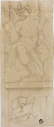 Seated Figure with Crown, Holding Sceptre and Book, with Host Below