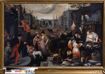February. Market scene during the Carnival. Symbol of the sign of Pisces in the sky.