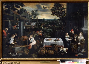 July. Farm work, the property owner tasting the orchard fruits, peasants working in the fields (threshing wheat with a flail). Symbol of the sign of Leo in the sky.