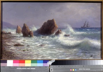At the Livadia Shore (in the Gulf of Crimea, Ukraine). Seascape with a sailboat in the distance and the waves of the Black Sea breaking on the reefs. Painting by Lev Felixovich Lagorio (1827-1905)