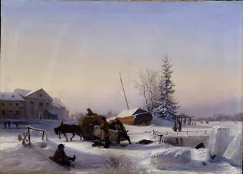 Ice Transport. Winter View of The Formerly Wine Village on Vasily Island in St Petersburg