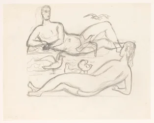 Naked Man and Woman on the Coastline, Surrounded by Seagulls
