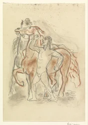 Naked Man Holding Two Horses