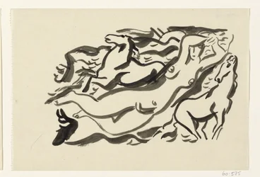 Nude woman and two horses in the sea