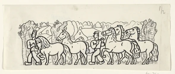 Two Farmers Leading Their Horses Through a Village