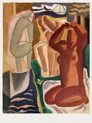 Two Bathing Women and a Bridge Figure