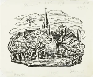 Vignette for Biography of Gestel by Prof. W. van der Pluym (View of Village Blaricum with Grazing Cow)